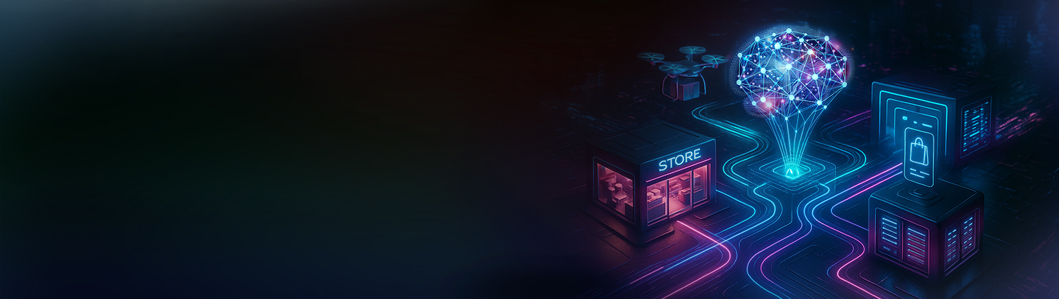 Futuristic retail banner showing a unified commerce platform with stores, e-commerce, data, and AI integration.