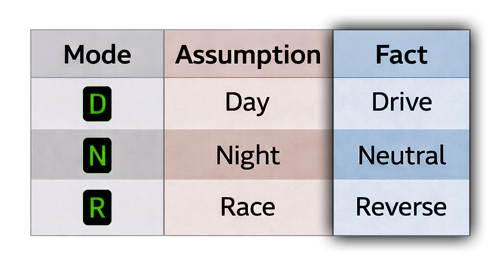 Table showing D – Day, Drive; N – Night, Neutral; R – Race, Reverse, illustrating misinterpretation in workflows.