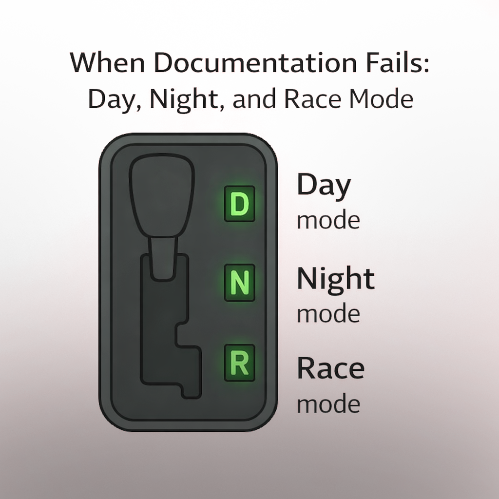 Gear shift labeled Day, Night, and Race modes illustrating documentation confusion.